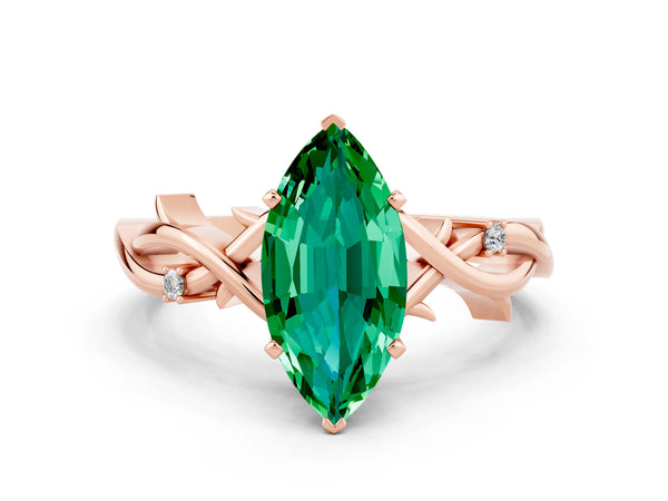 Rose gold Marquise Cut Emerald Solitaire Ring with Milgrain Pavé Band and Four-Prong Setting