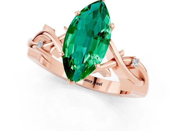 Rose gold Marquise Cut Emerald Solitaire Ring with Milgrain Pavé Band and Four-Prong Setting