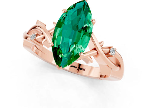 Rose gold Marquise Cut Emerald Solitaire Ring with Milgrain Pavé Band and Four-Prong Setting_13