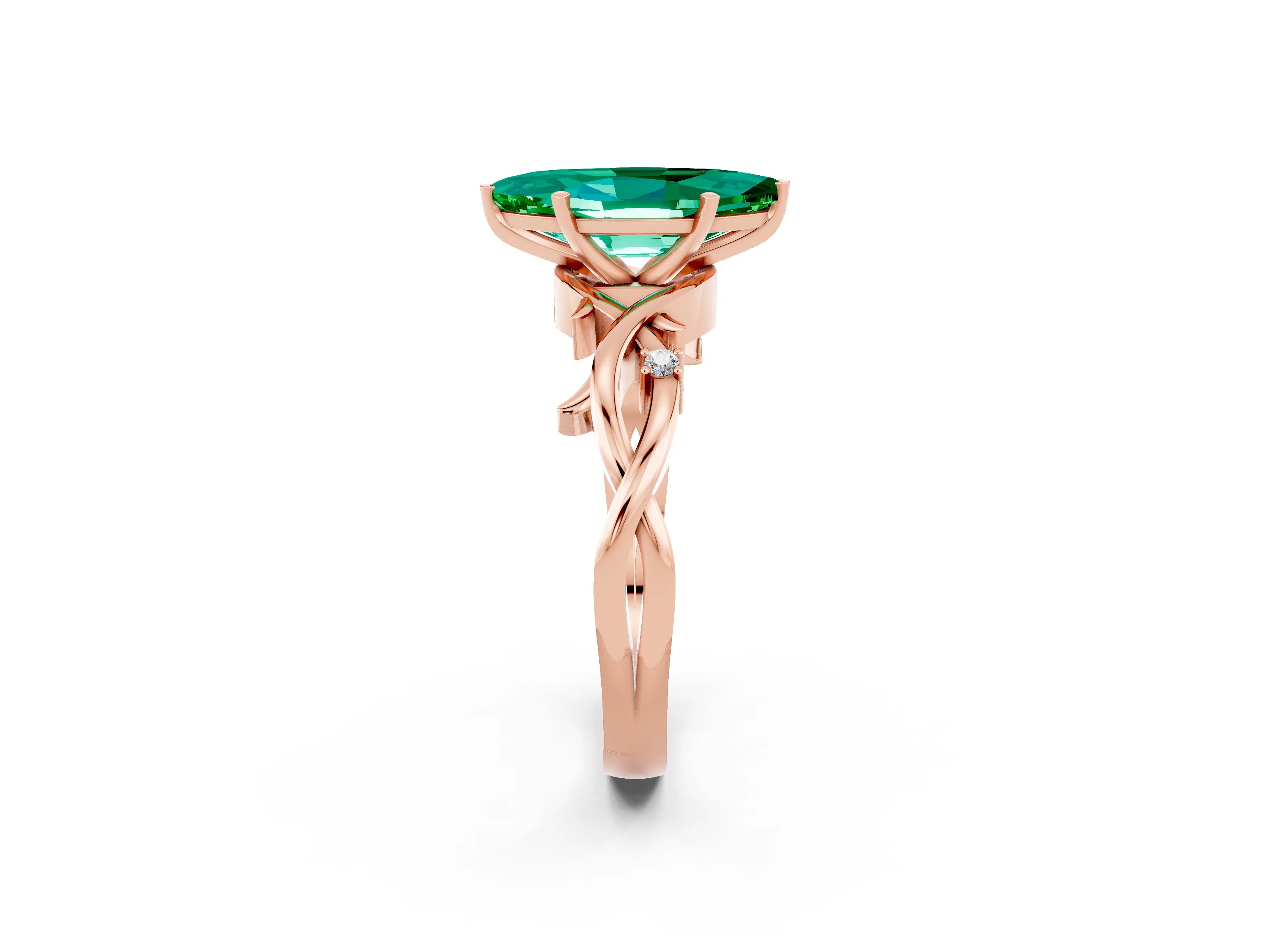Rose gold Marquise Cut Emerald Solitaire Ring with Milgrain Pavé Band and Four-Prong Setting_14