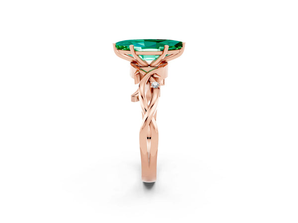 Rose gold Marquise Cut Emerald Solitaire Ring with Milgrain Pavé Band and Four-Prong Setting