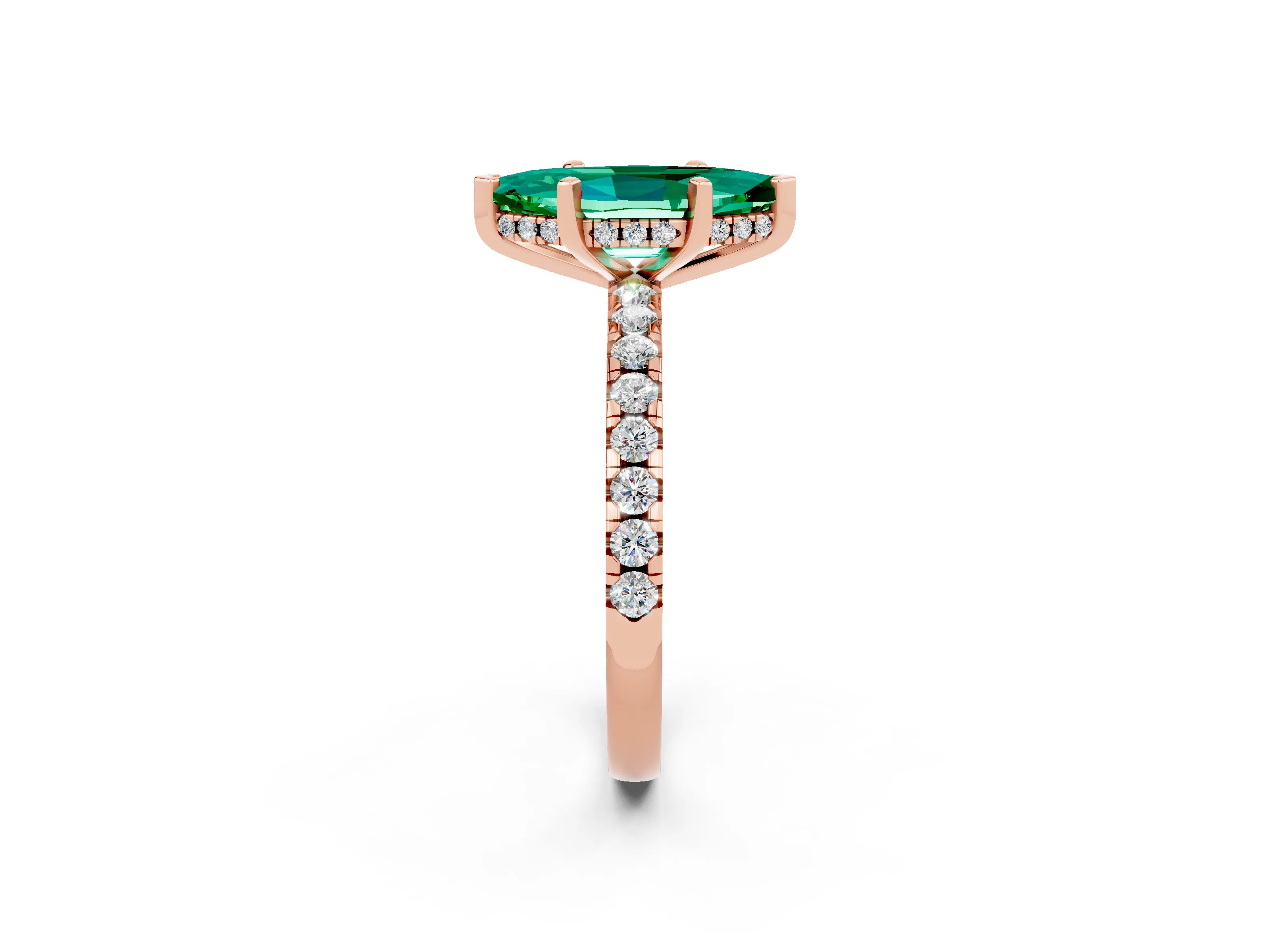 Rose gold Marquise Cut Emerald Solitaire Ring with Pavé Band and Four-Prong Setting_26