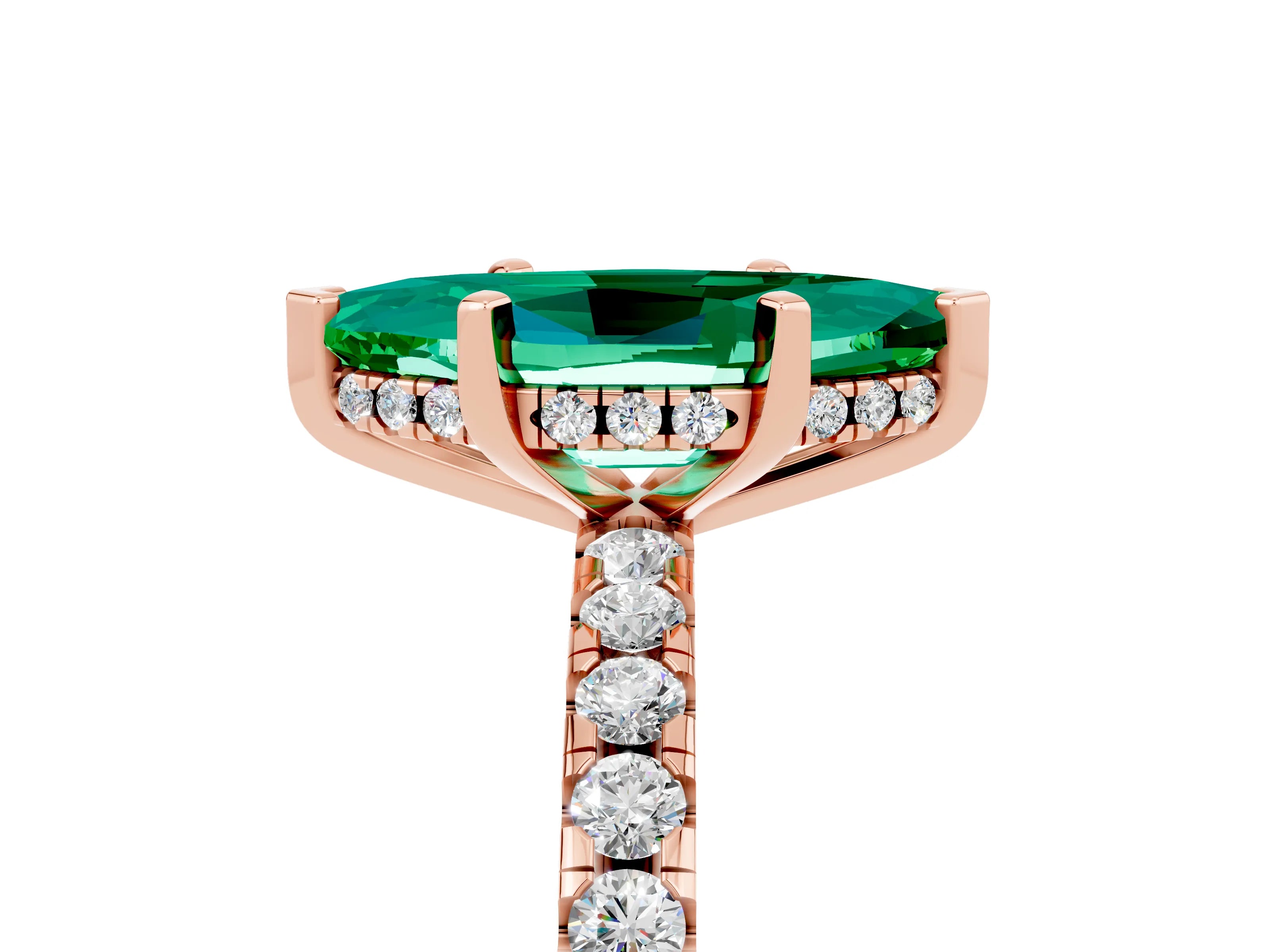 Rose gold Marquise Cut Emerald Solitaire Ring with Pavé Band and Four-Prong Setting_29