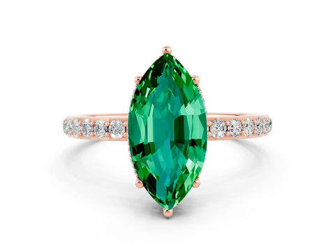 Rose gold Marquise Cut Emerald Solitaire Ring with Pavé Band and Hidden Halo_12