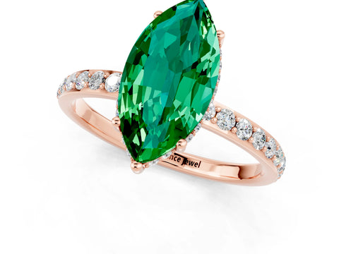 Rose gold Marquise Cut Emerald Solitaire Ring with Pavé Band and Hidden Halo_13