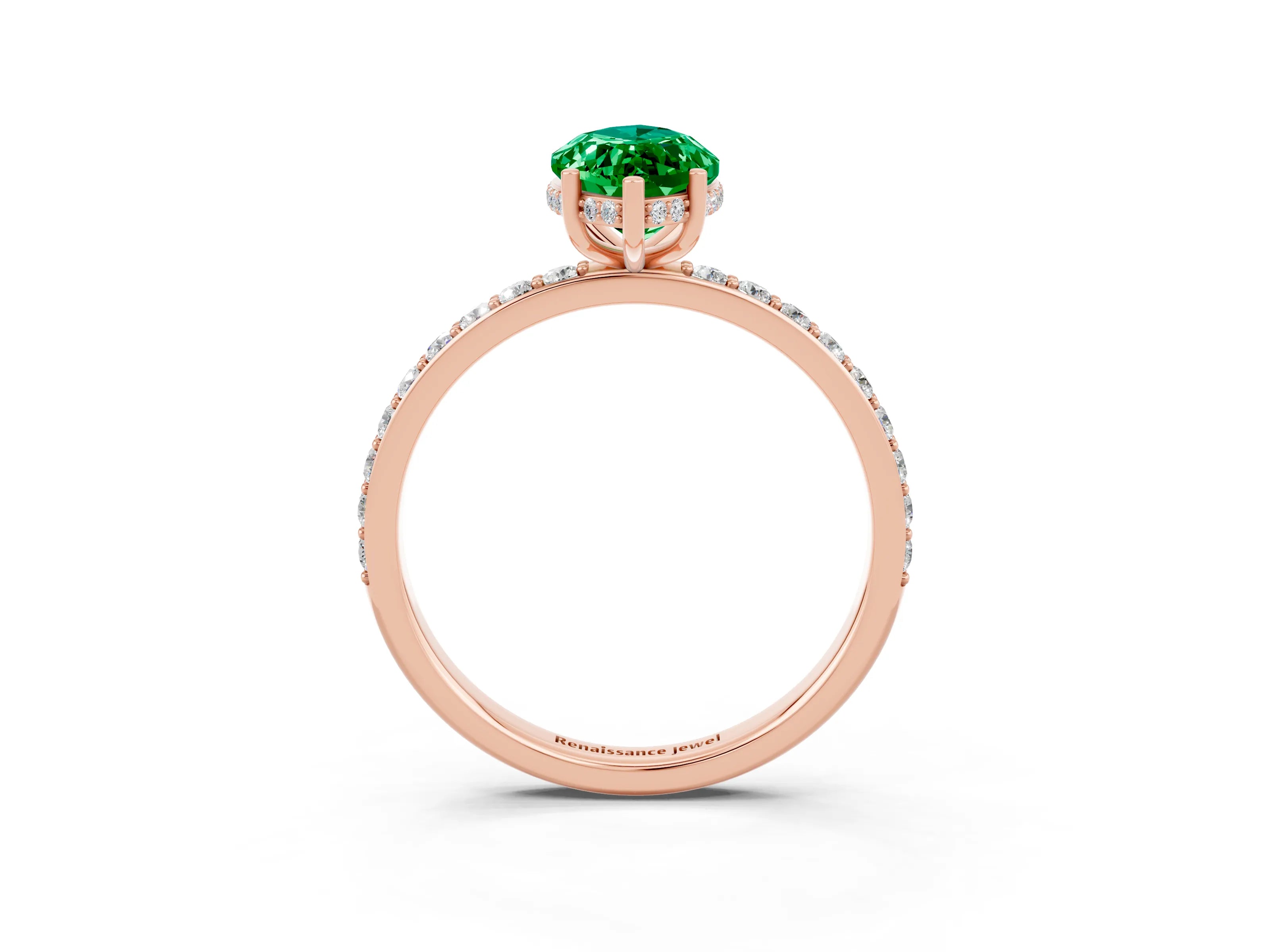 Rose gold Marquise Cut Emerald Solitaire Ring with Pavé Band and Hidden Halo_15