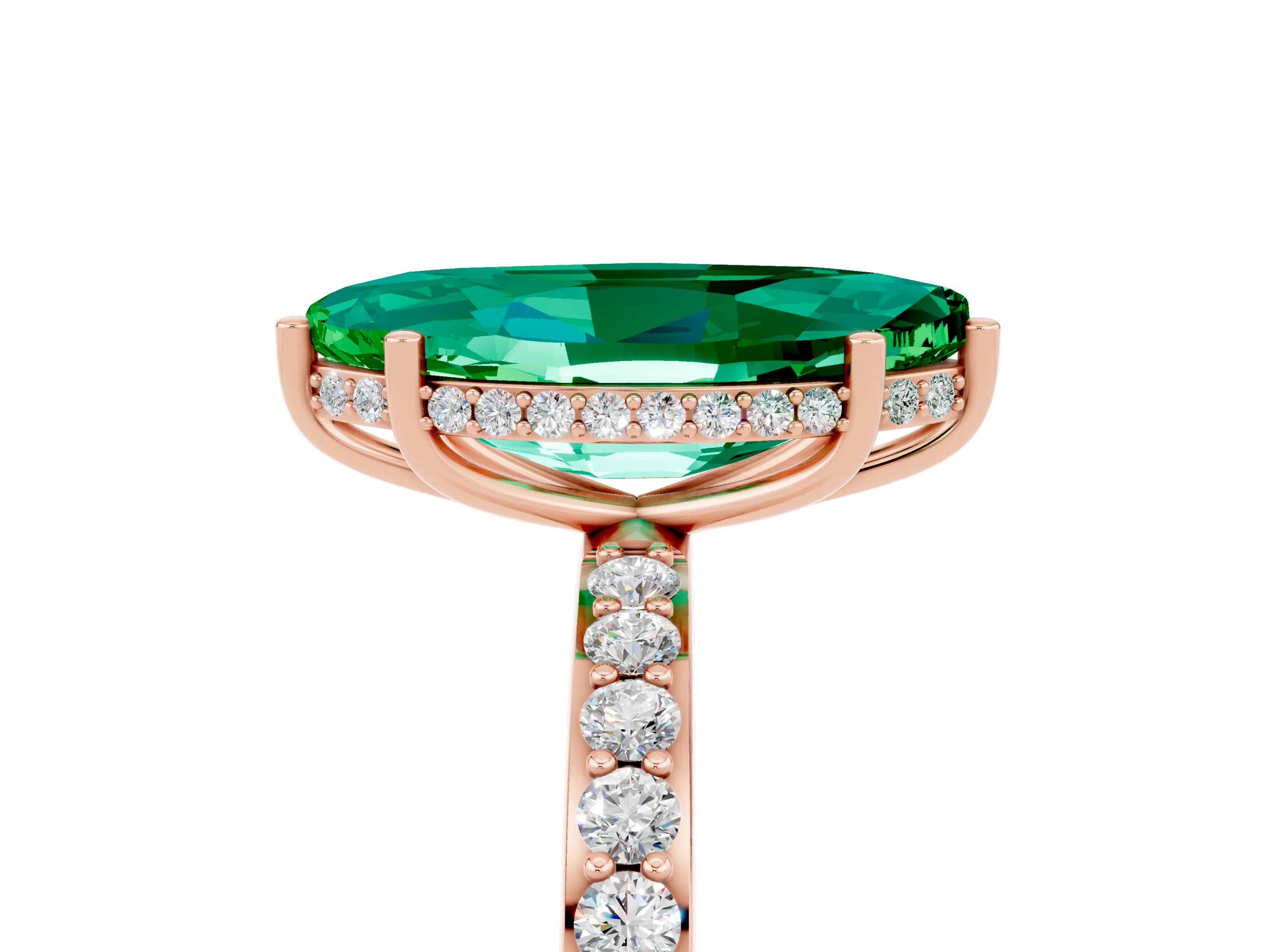 Rose gold Marquise Cut Emerald Solitaire Ring with Pavé Band and Hidden Halo_17