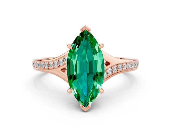 Rose gold Marquise Cut Emerald Solitaire Ring with Pavé Band and Prong Setting