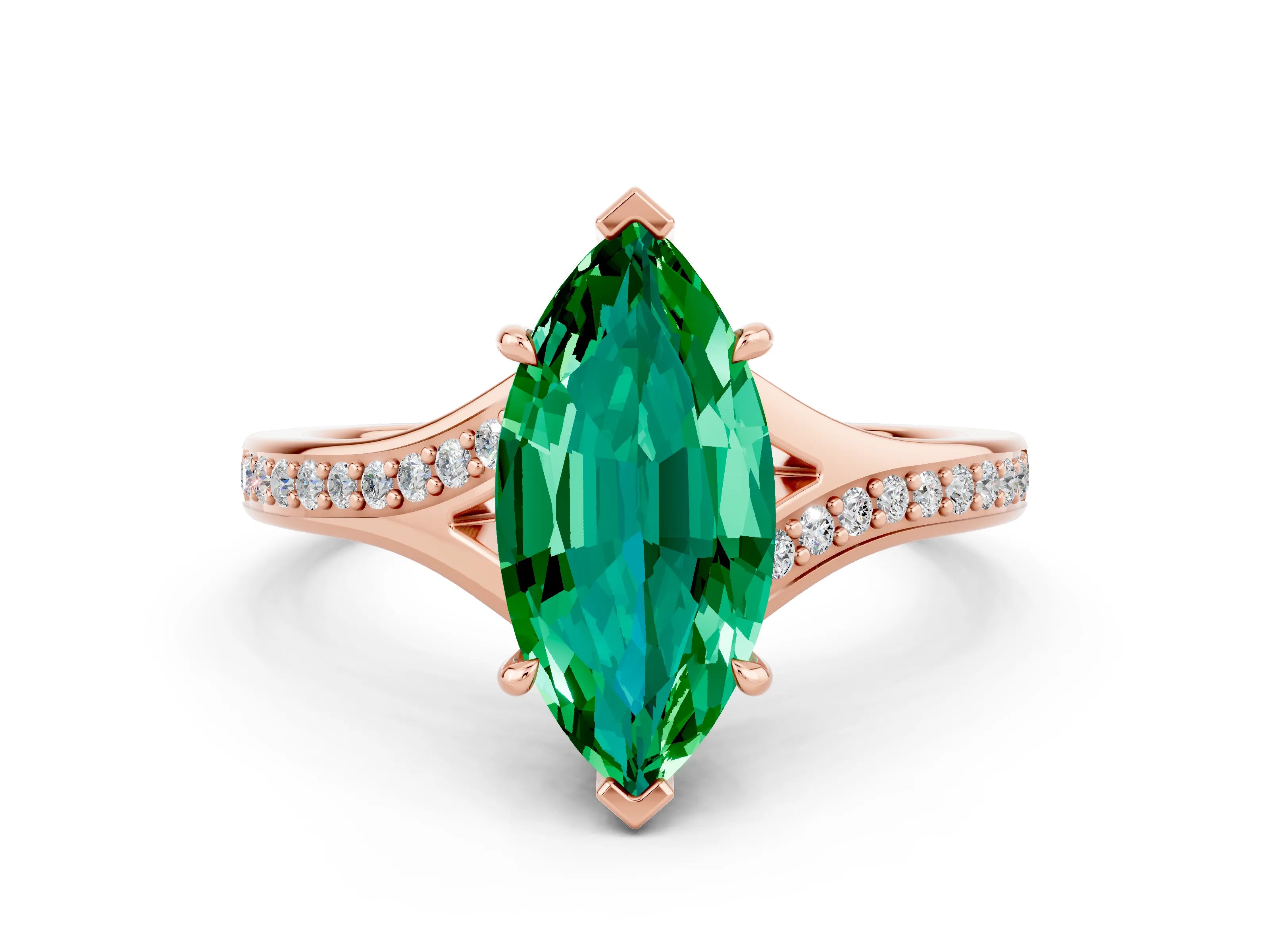 Rose gold Marquise Cut Emerald Solitaire Ring with Pavé Band and Prong Setting_12