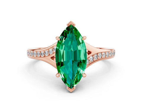 Rose gold Marquise Cut Emerald Solitaire Ring with Pavé Band and Prong Setting_12