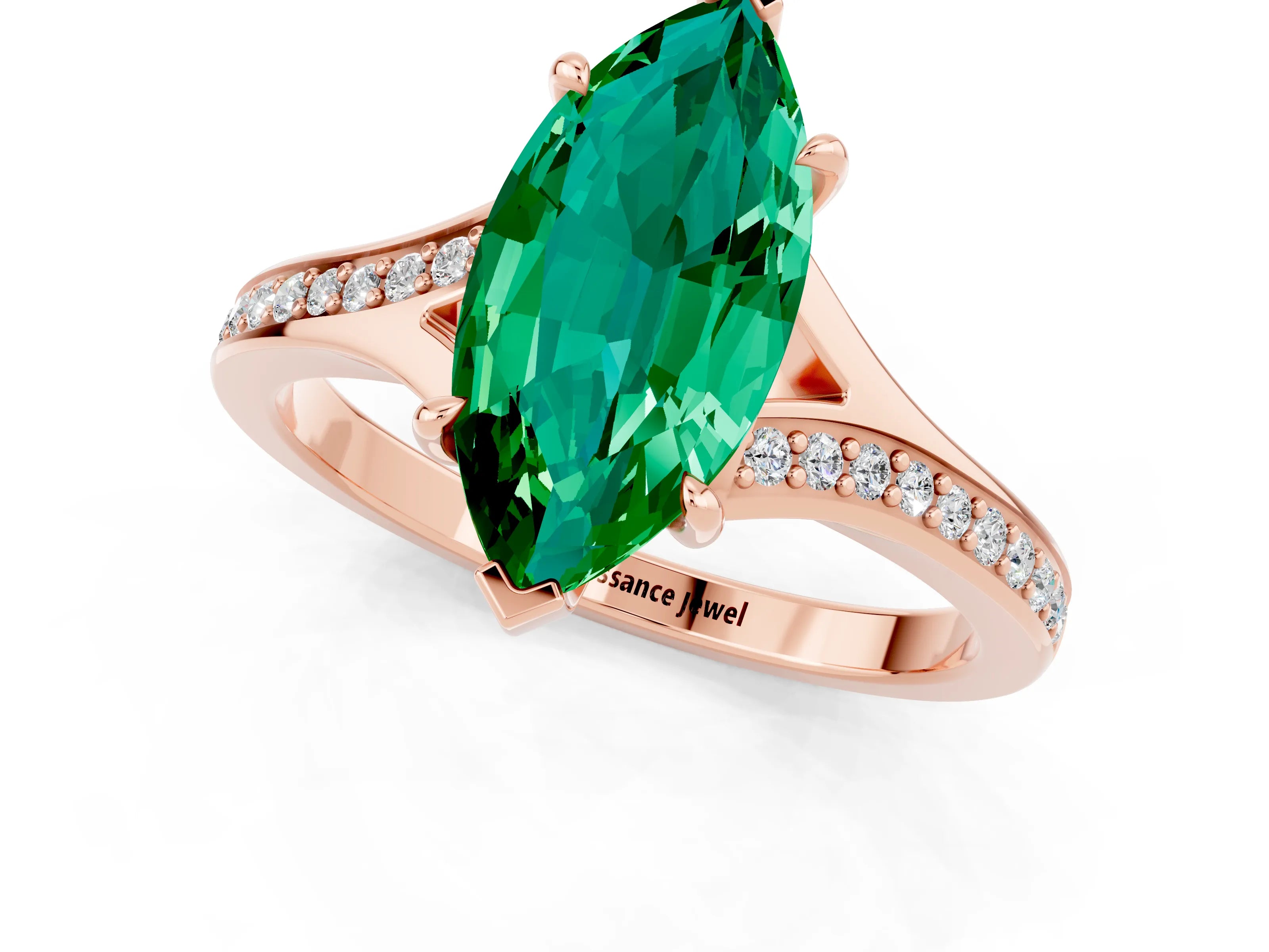 Rose gold Marquise Cut Emerald Solitaire Ring with Pavé Band and Prong Setting_13