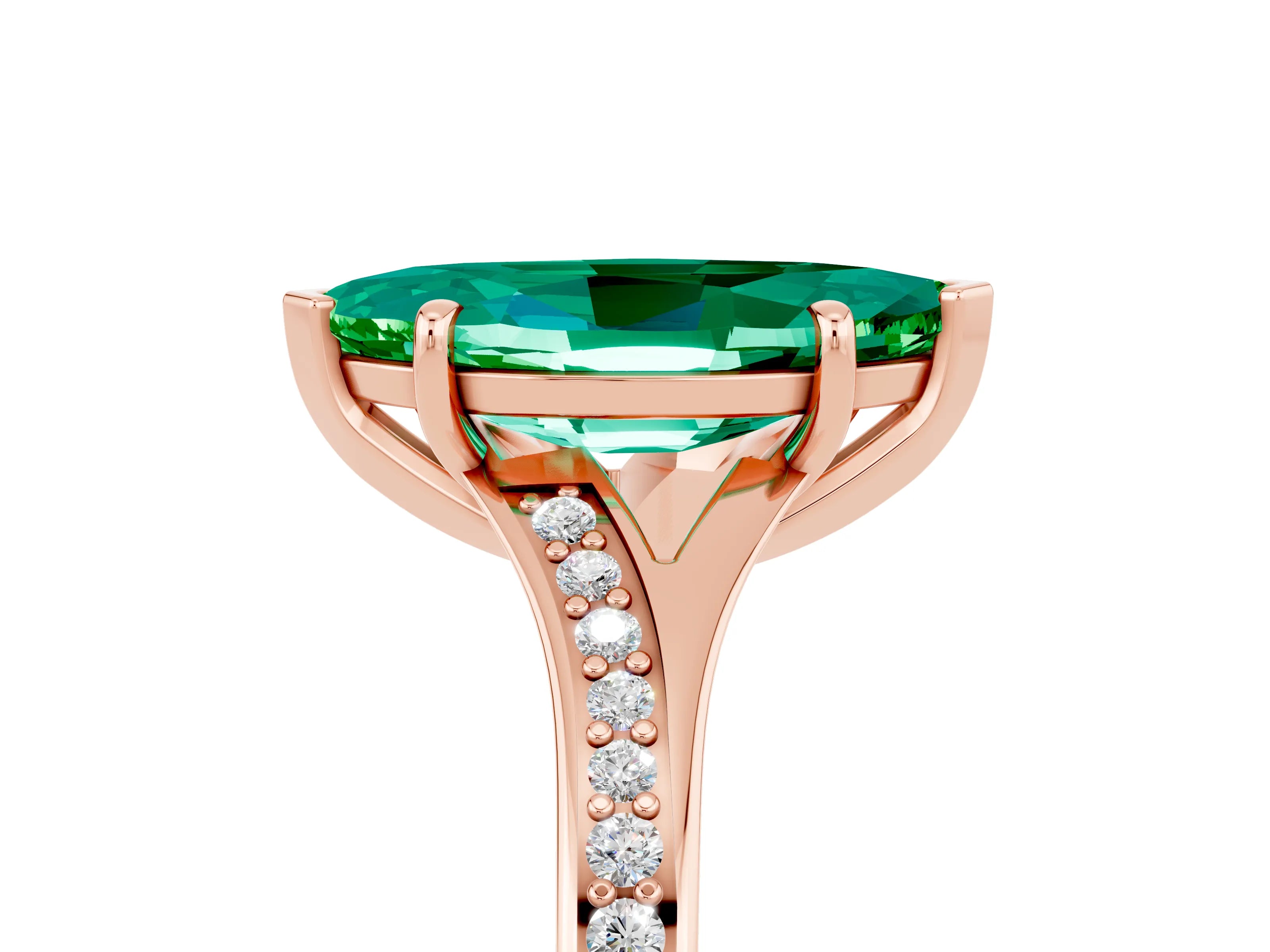 Rose gold Marquise Cut Emerald Solitaire Ring with Pavé Band and Prong Setting_17