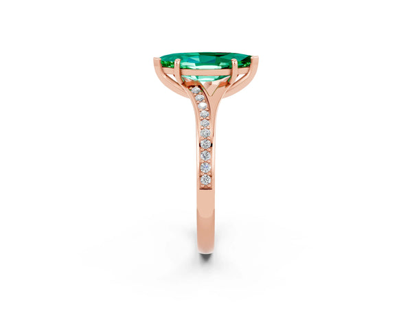 Rose gold Marquise Cut Emerald Solitaire Ring with Pavé Band and Prong Setting