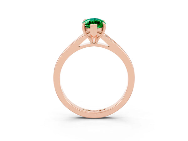 Rose gold Marquise Cut Emerald Solitaire Ring with Pavé Band and Prong Setting