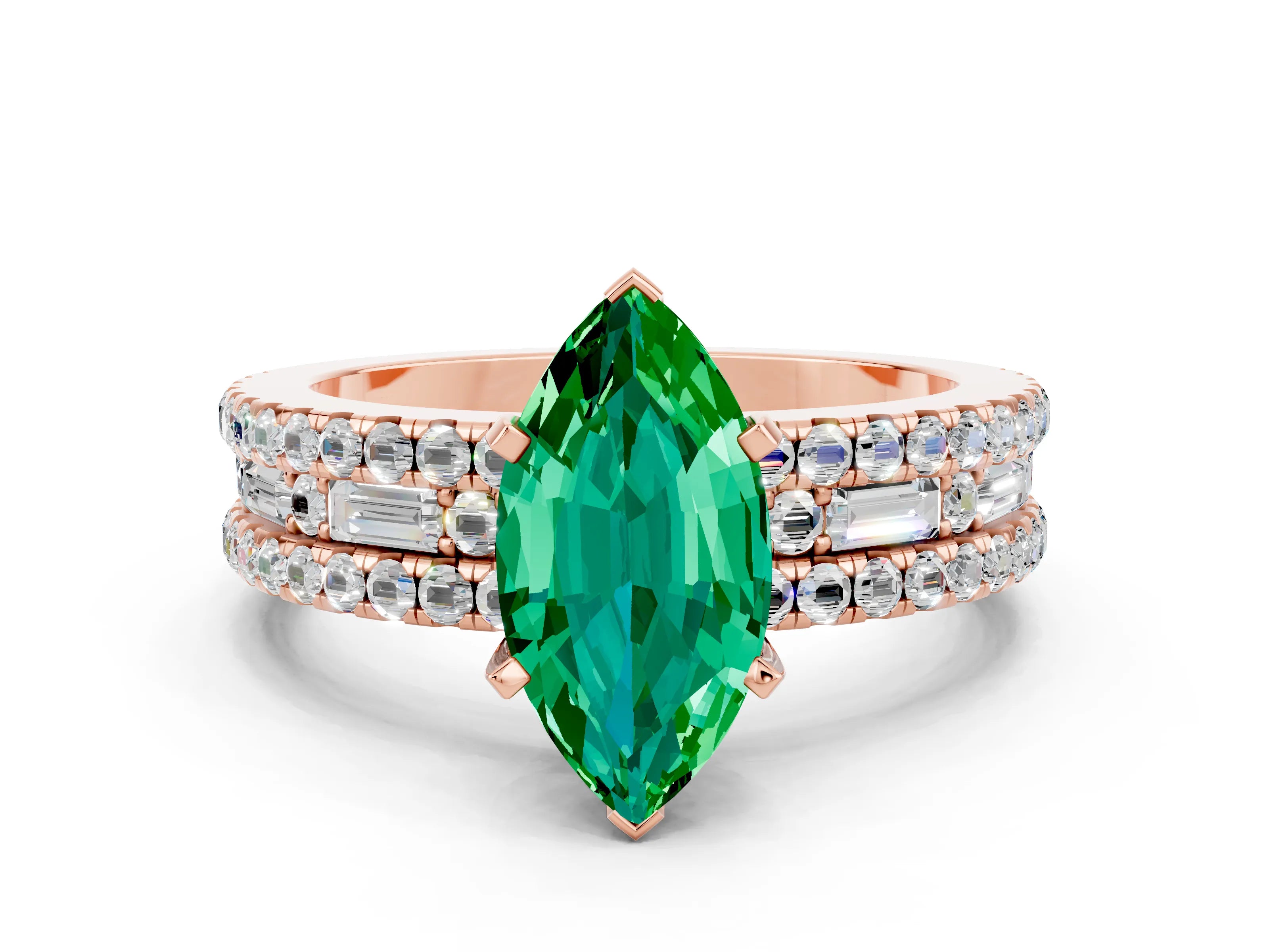Rose gold Marquise Cut Emerald Solitaire Ring with Pavé and Channel Set Band