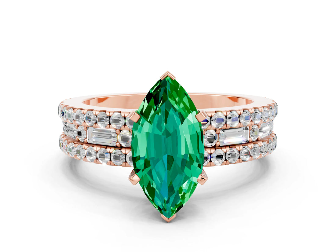 Rose gold Marquise Cut Emerald Solitaire Ring with Pavé and Channel Set Band