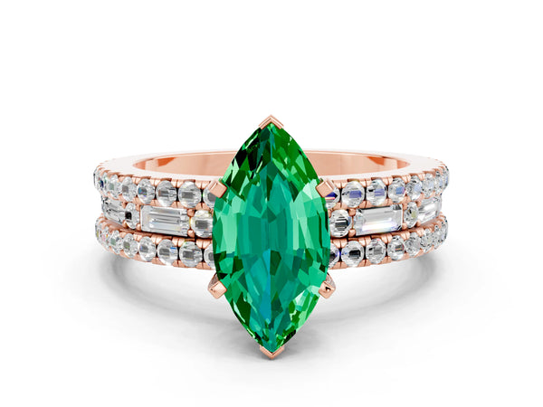 Rose gold Marquise Cut Emerald Solitaire Ring with Pavé and Channel Set Band