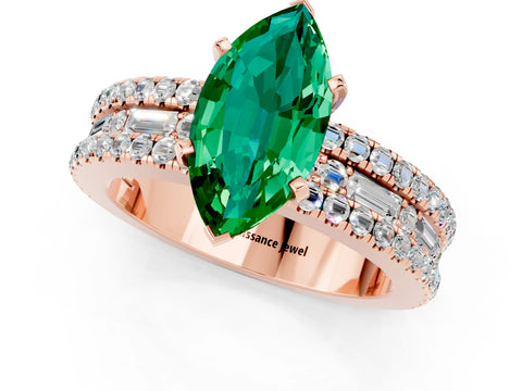 Rose gold Marquise Cut Emerald Solitaire Ring with Pavé and Channel Set Band_1