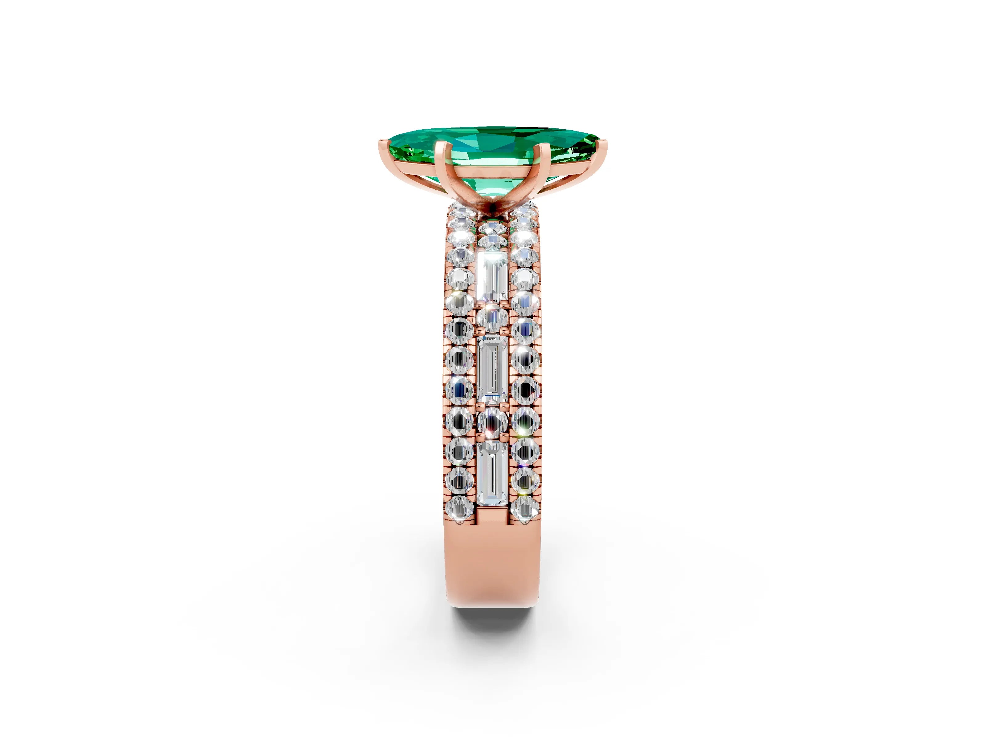 Rose gold Marquise Cut Emerald Solitaire Ring with Pavé and Channel Set Band_2