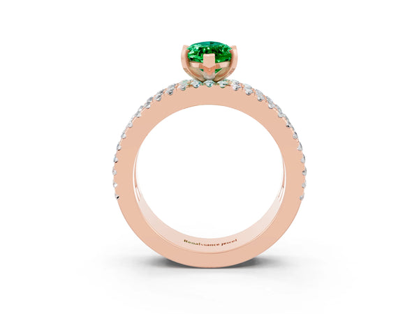 Rose gold Marquise Cut Emerald Solitaire Ring with Pavé and Channel Set Band