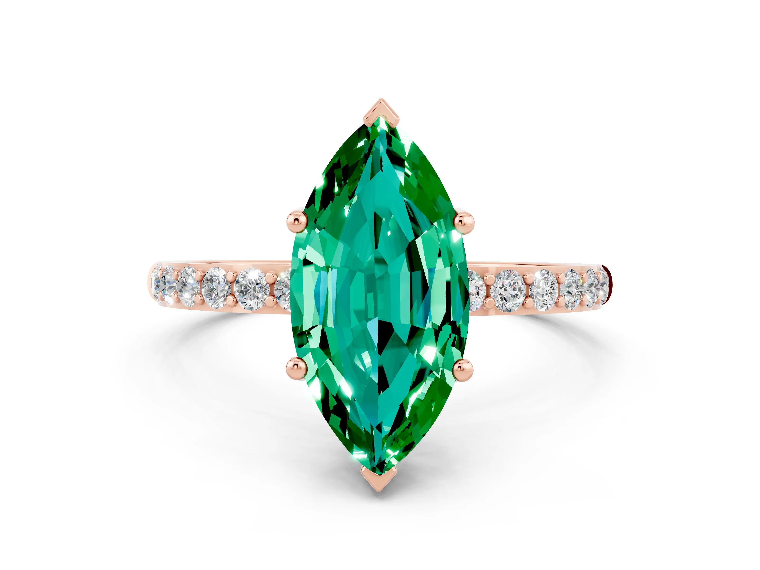 Rose gold Marquise Cut Emerald Solitaire Ring with Pave Band and Four Prong Setting_24