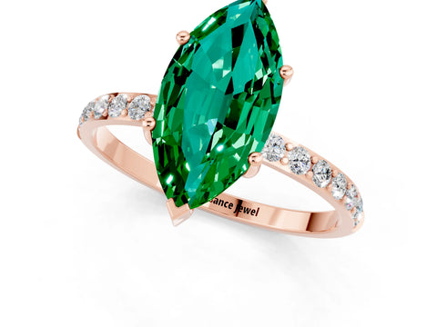 Rose gold Marquise Cut Emerald Solitaire Ring with Pave Band and Four Prong Setting_25