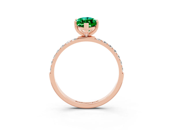 Rose gold Marquise Cut Emerald Solitaire Ring with Round  Pavé Band and Prong Setting