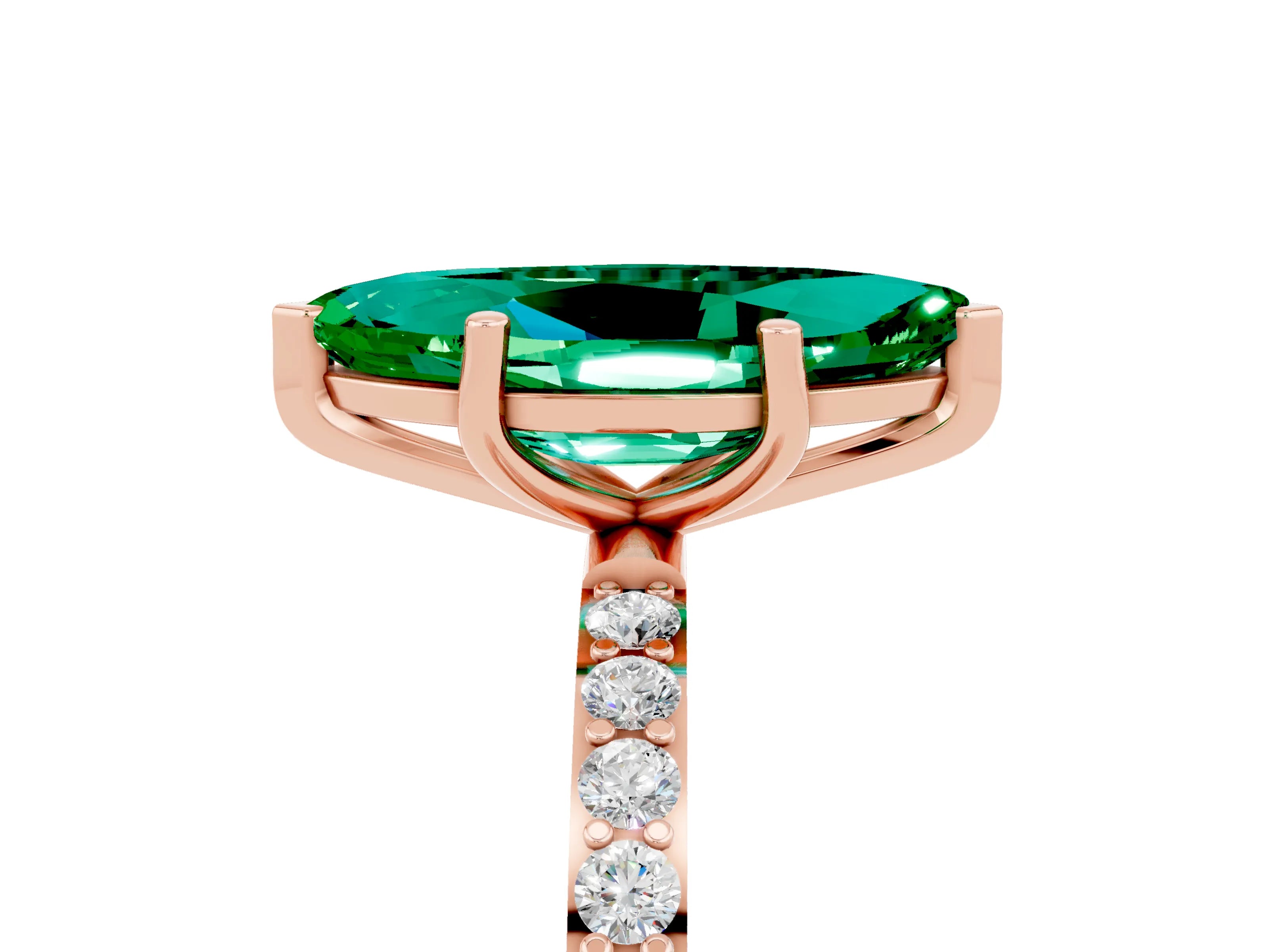 Rose gold Marquise Cut Emerald Solitaire Ring with Pave Band and Four Prong Setting_29