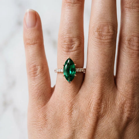 Rose gold Marquise Cut Emerald Solitaire Ring with Round  Pavé Band and Four-Prong Setting_42