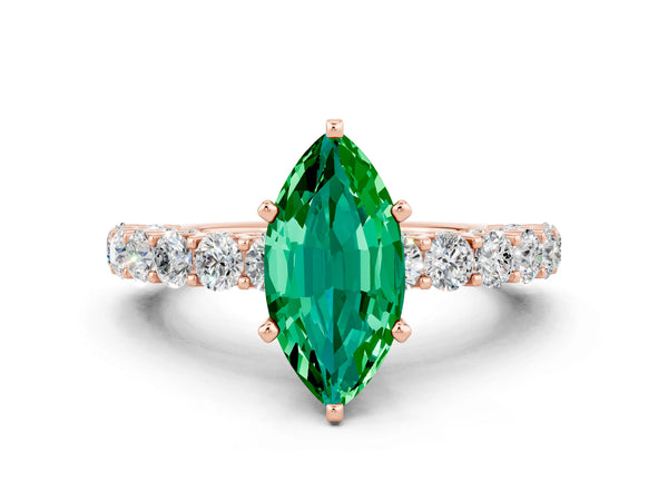 Rose gold Marquise Cut Emerald Solitaire Ring with Shared Prong Pavé Band and Four-Prong Setting