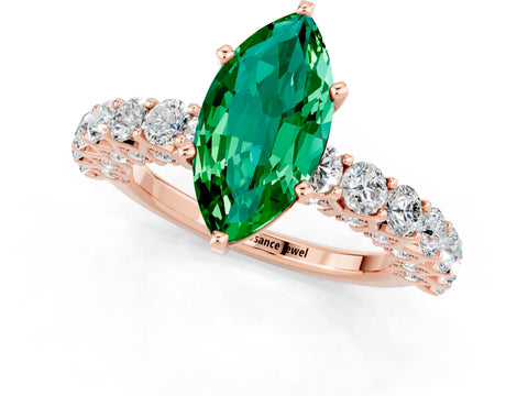 Rose gold Marquise Cut Emerald Solitaire Ring with Shared Prong Pavé Band and Four-Prong Setting_1