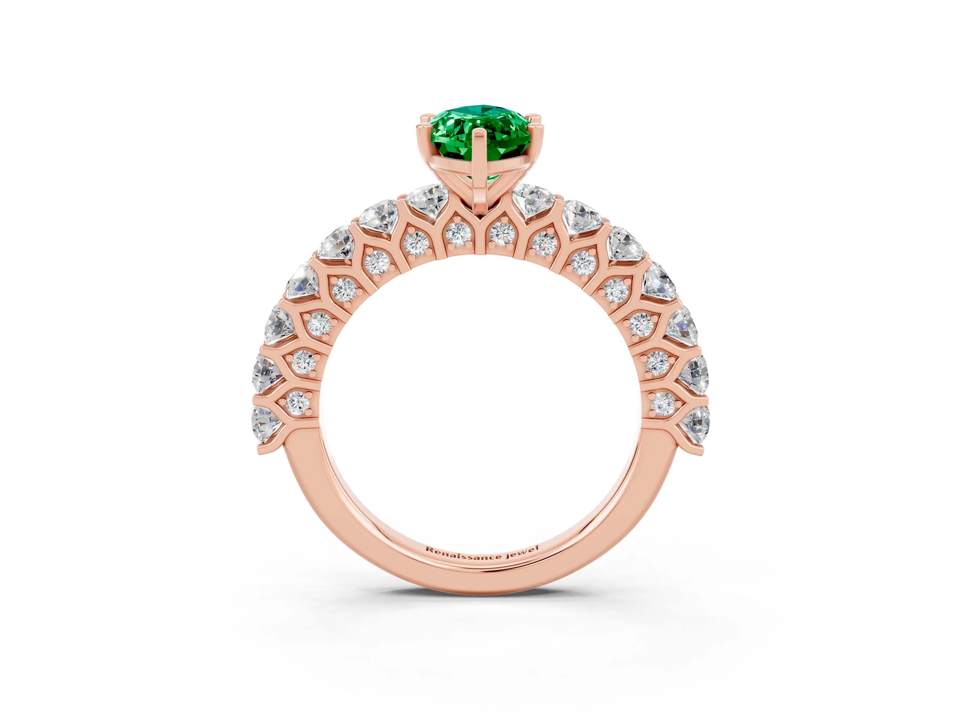 Rose gold Marquise Cut Emerald Solitaire Ring with Shared Prong Pavé Band and Four-Prong Setting_3