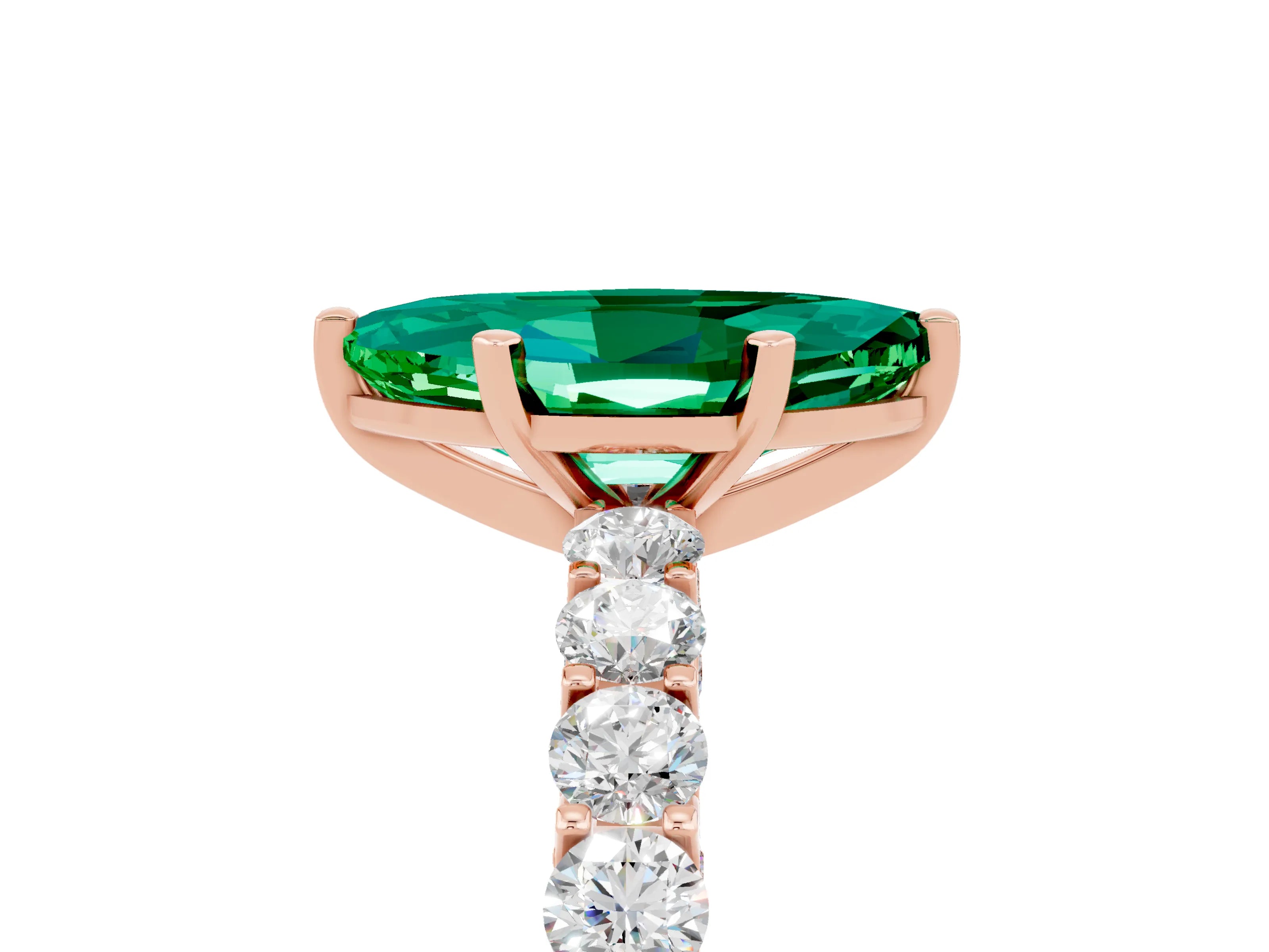 Rose gold Marquise Cut Emerald Solitaire Ring with Shared Prong Pavé Band and Four-Prong Setting_5
