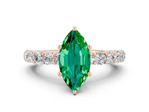 Rose gold Marquise Cut Emerald Solitaire Ring with Shared Prong Pavé Band and Four-Prong Setting