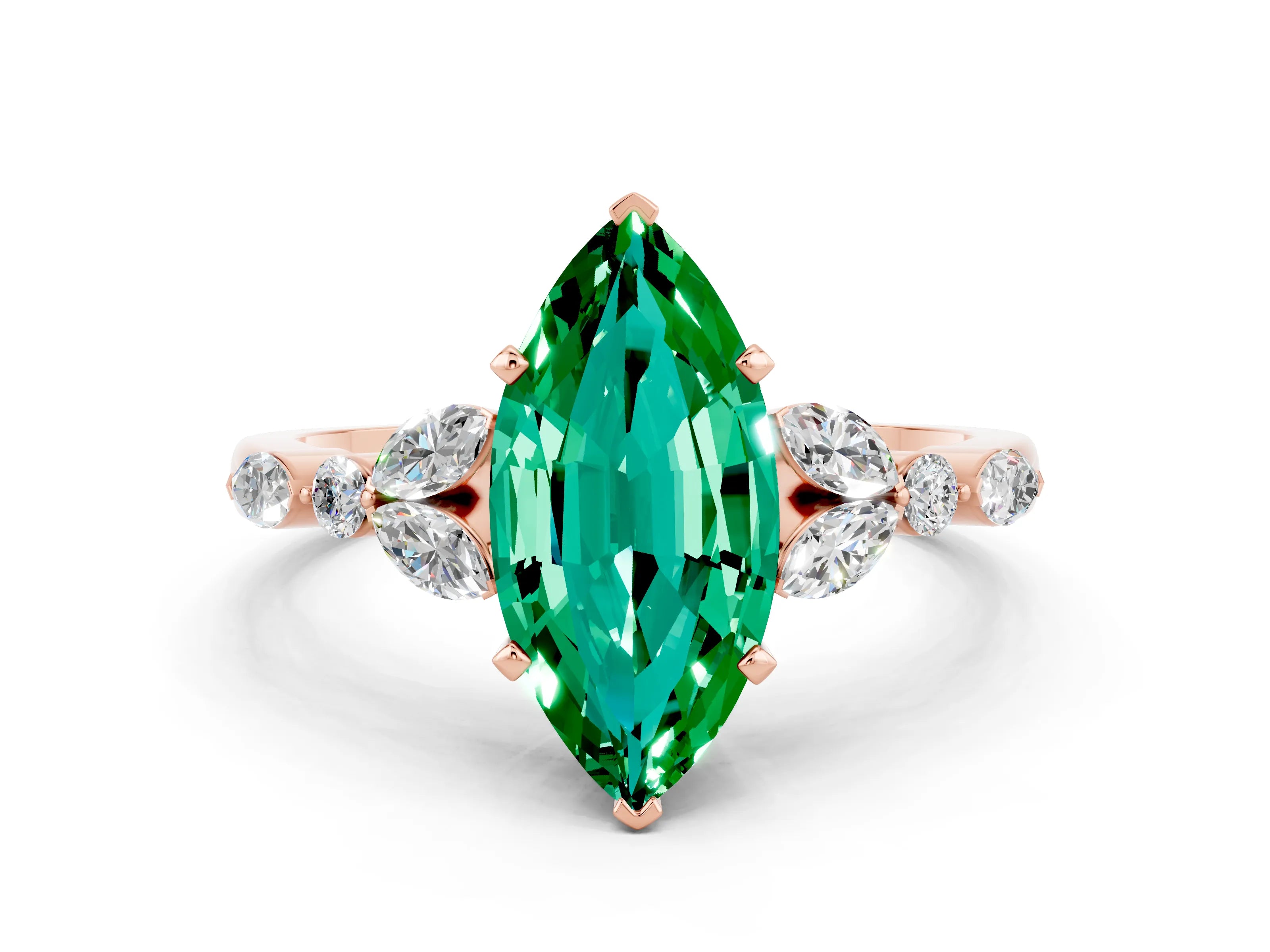 Rose gold Marquise Cut Emerald Solitaire Ring with Side Stones and Four-Prong Setting_12