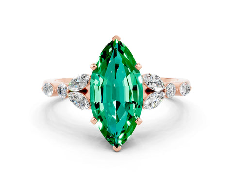 Rose gold Marquise Cut Emerald Solitaire Ring with Side Stones and Four-Prong Setting_12