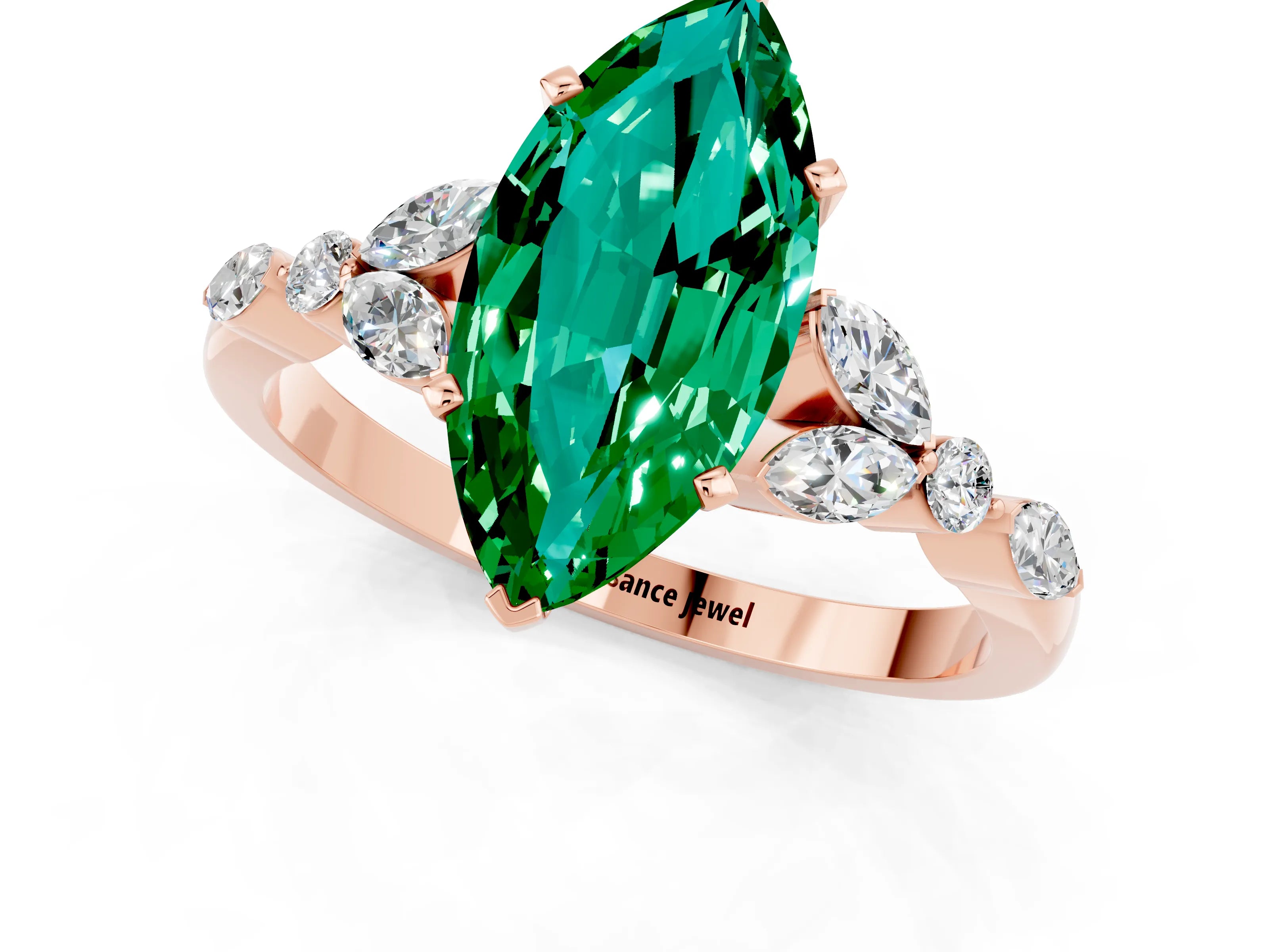 Rose gold Marquise Cut Emerald Solitaire Ring with Side Stones and Four-Prong Setting_13