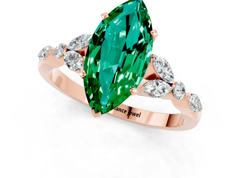 Rose gold Marquise Cut Emerald Solitaire Ring with Side Stones and Four-Prong Setting_13