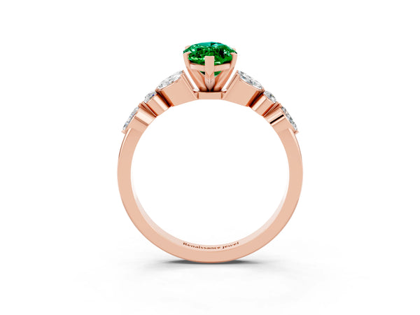Rose gold Marquise Cut Emerald Solitaire Ring with Side Stones and Four-Prong Setting