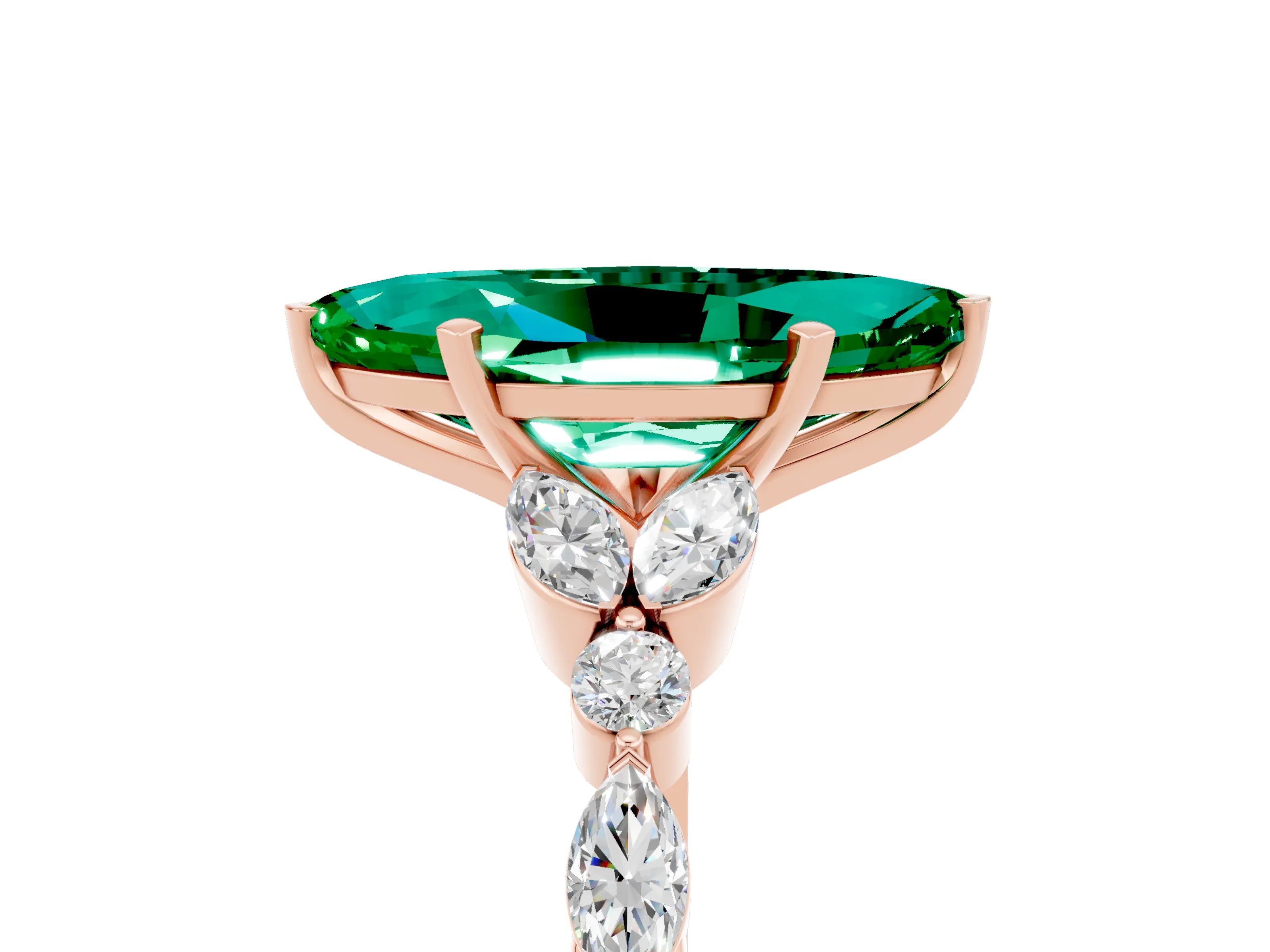 Rose gold Marquise Cut Emerald Solitaire Ring with Side Stones and Four-Prong Setting_17