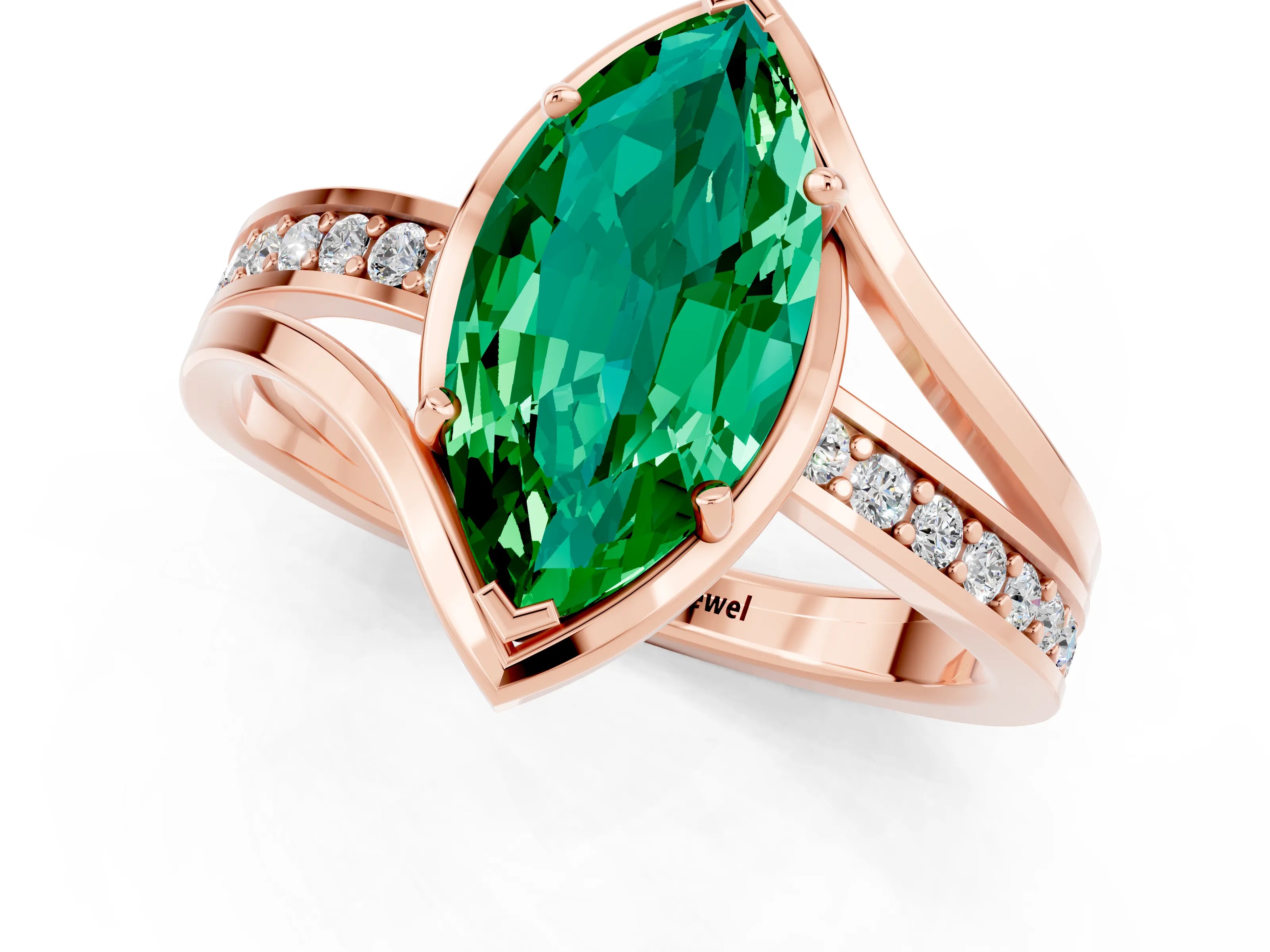Rose gold Marquise Cut Emerald Solitaire Ring with Split Shank and Prong Setting_1
