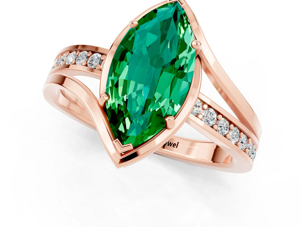 Rose gold Marquise Cut Emerald Solitaire Ring with Split Shank and Prong Setting