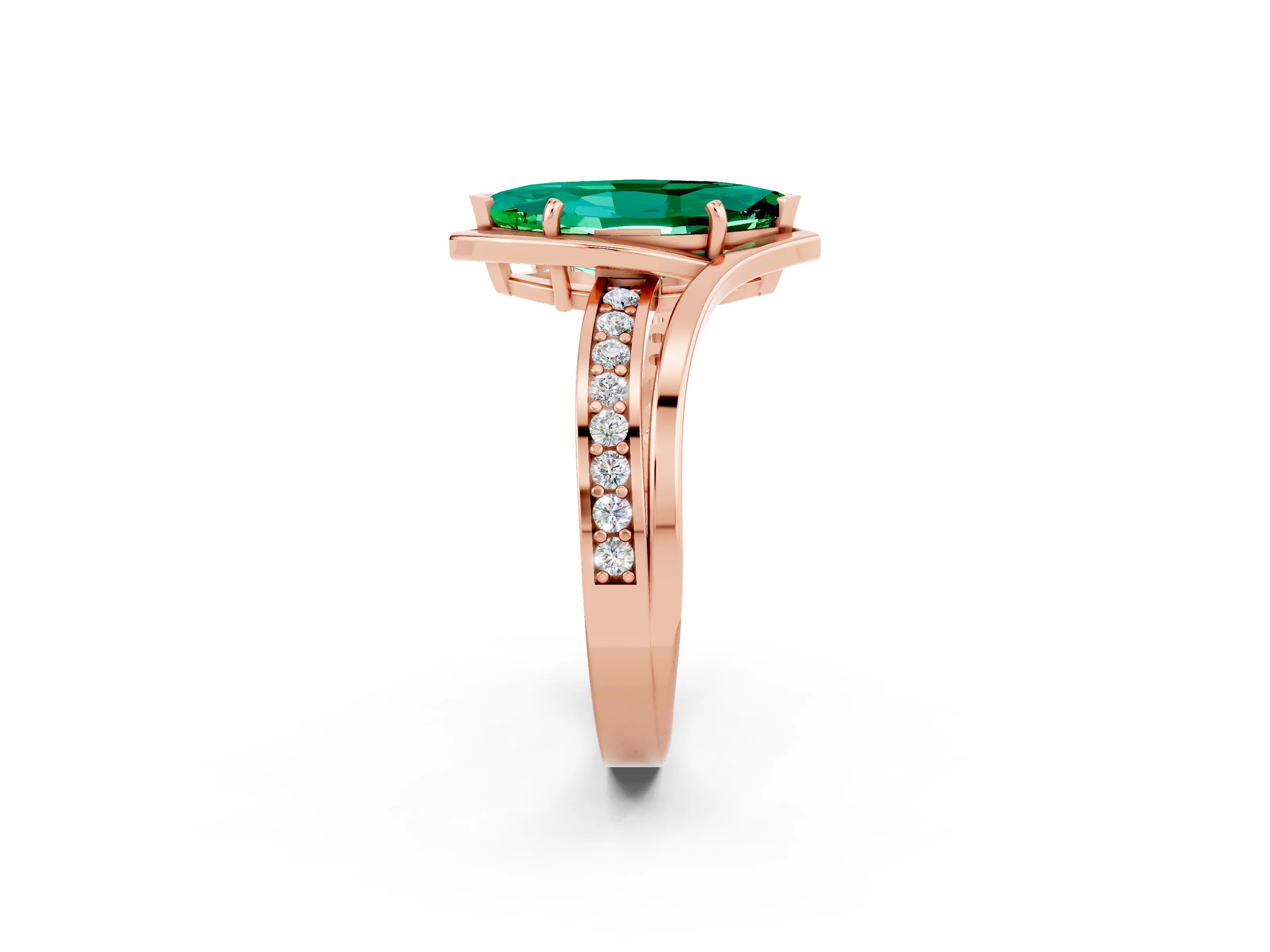 Rose gold Marquise Cut Emerald Solitaire Ring with Split Shank and Prong Setting_2