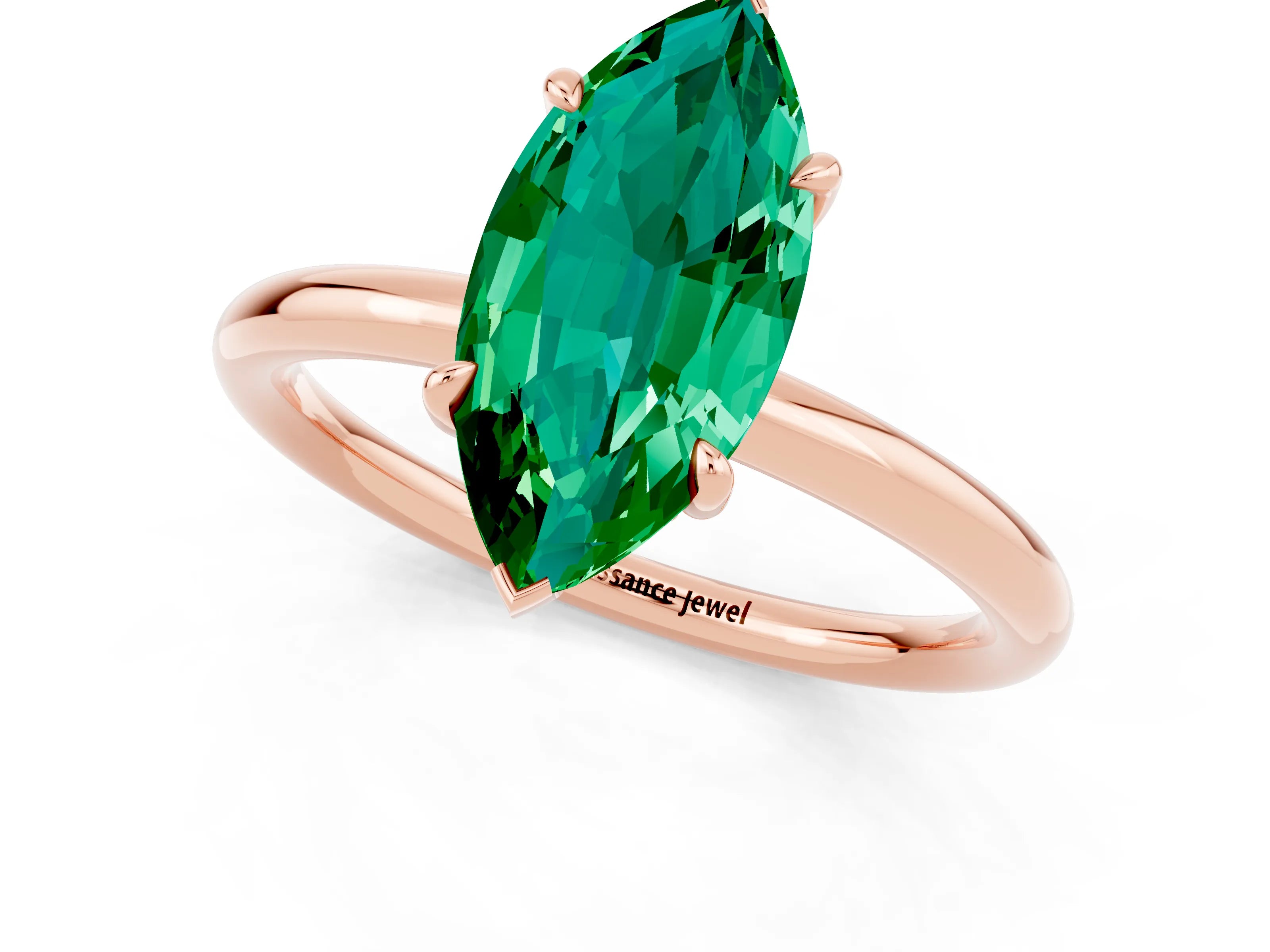 Rose gold Marquise Cut Emerald Solitaire Ring with Thin Band and Four-Prong Setting_13