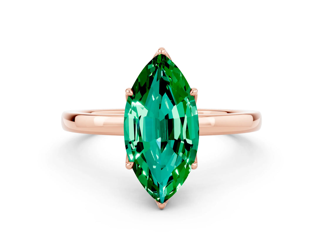 Rose gold Marquise Cut Emerald Solitaire Ring with Thin Band and Prong Setting_12