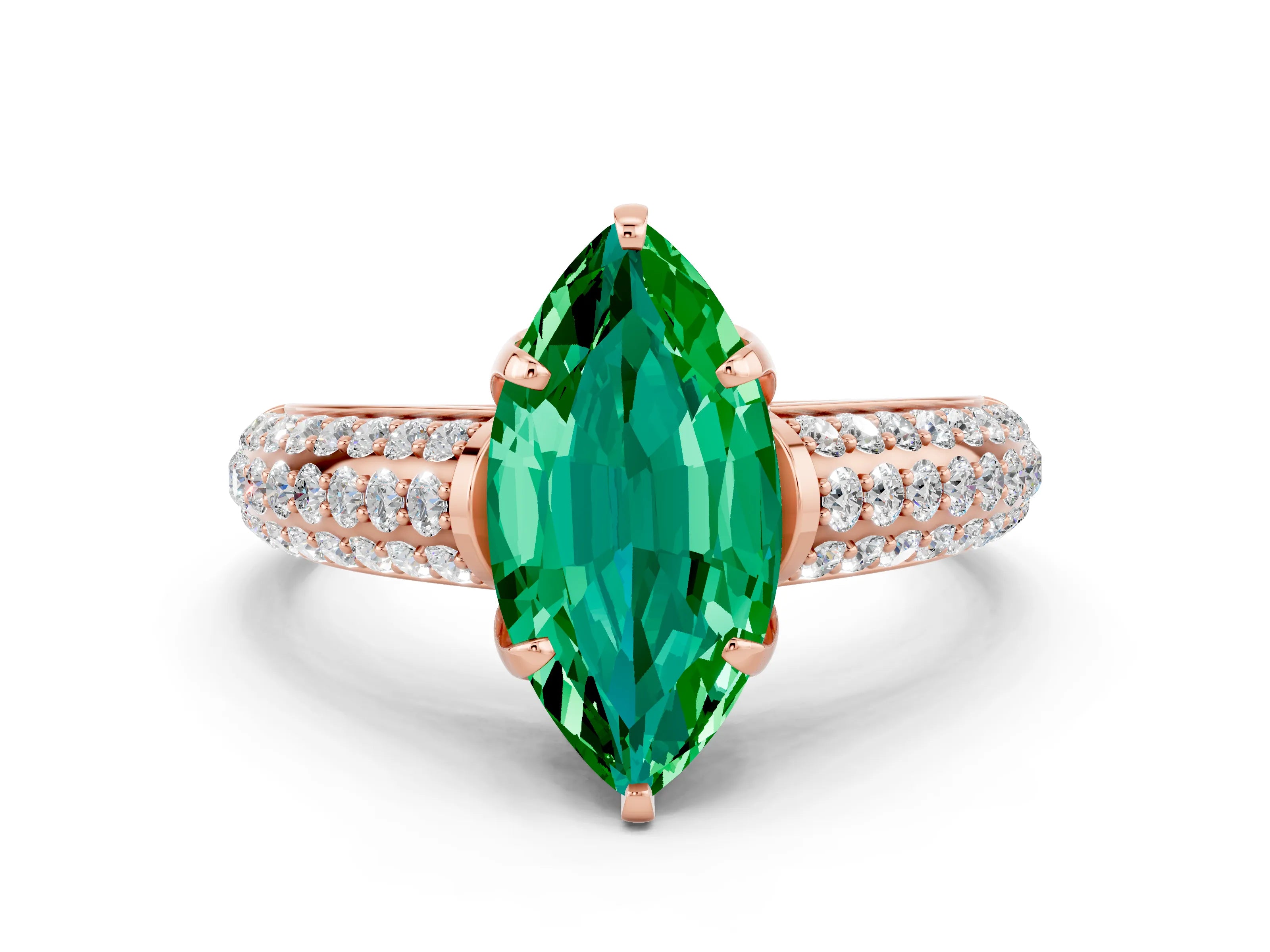 Rose gold Marquise Cut Emerald Solitaire Ring with Three-Row Pavé Band and Four-Prong Setting_12