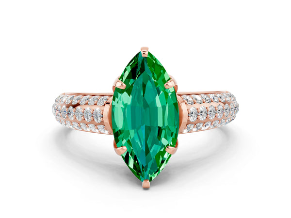 Rose gold Marquise Cut Emerald Solitaire Ring with Three-Row Pavé Band and Four-Prong Setting