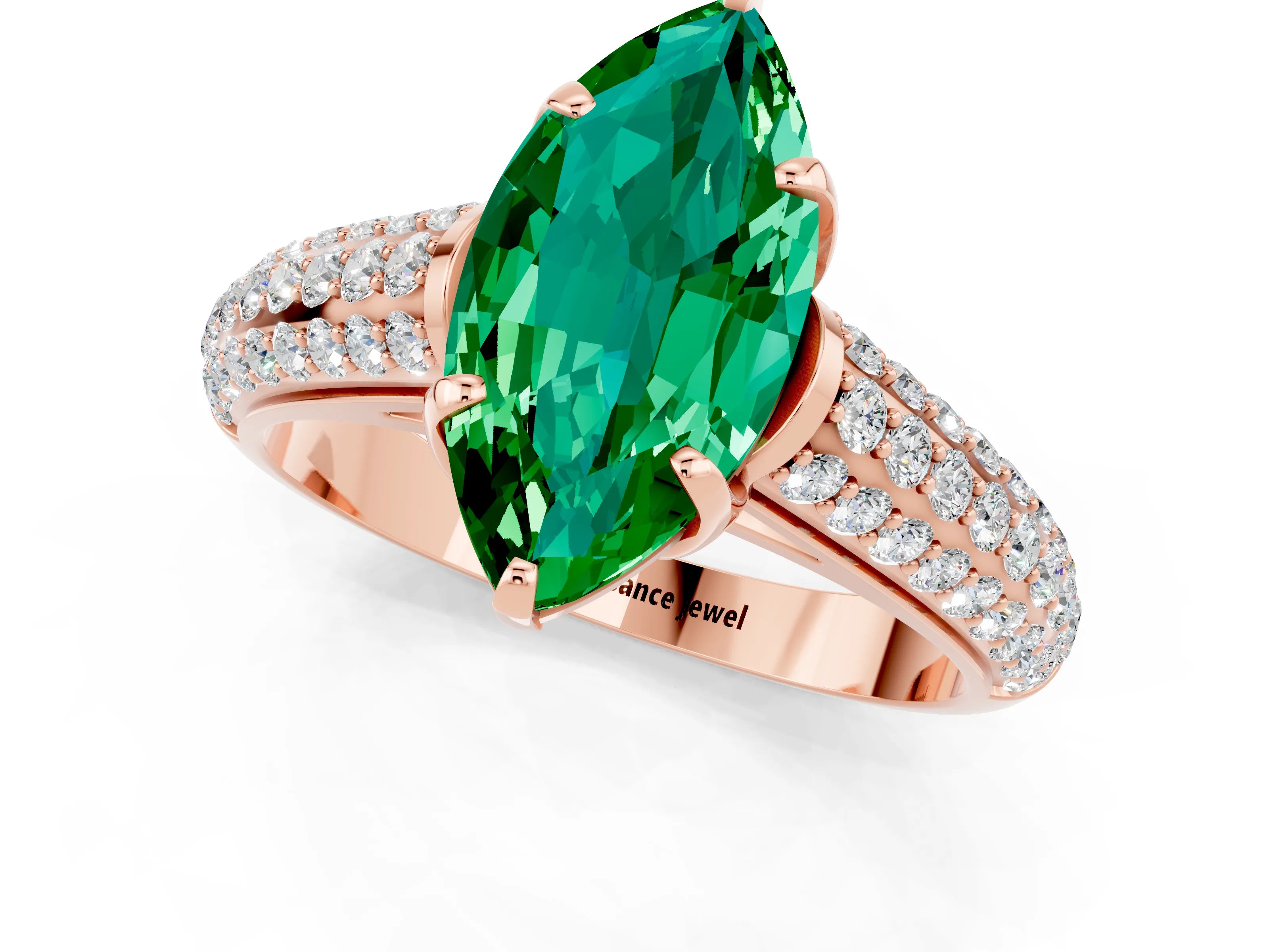 Rose gold Marquise Cut Emerald Solitaire Ring with Three-Row Pavé Band and Four-Prong Setting_13