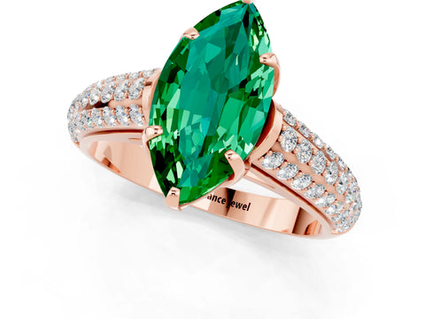 Rose gold Marquise Cut Emerald Solitaire Ring with Three-Row Pavé Band and Four-Prong Setting_13
