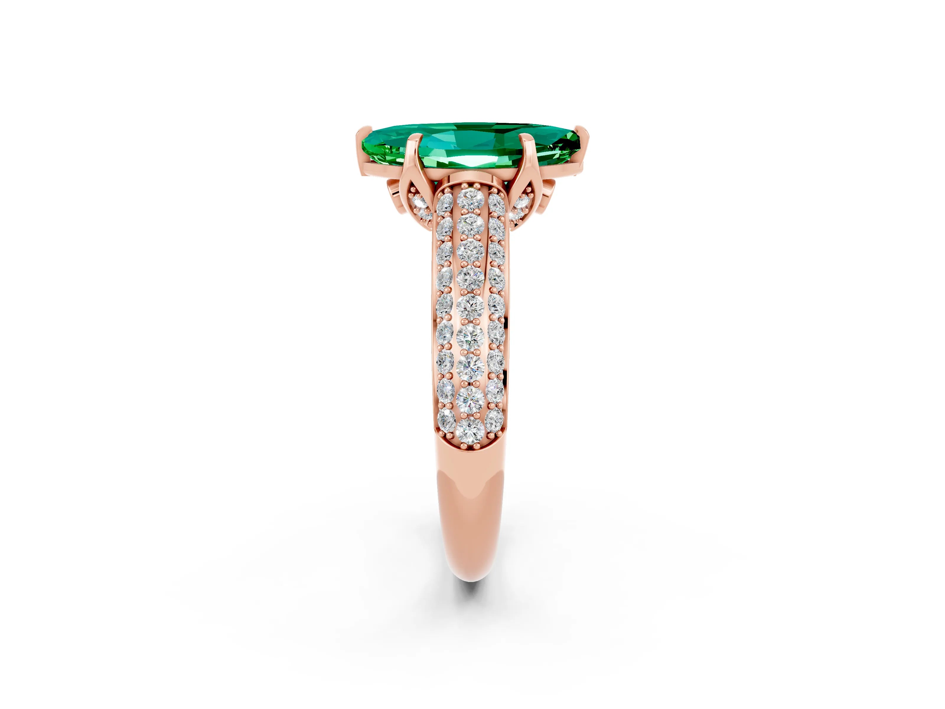 Rose gold Marquise Cut Emerald Solitaire Ring with Three-Row Pavé Band and Four-Prong Setting_14